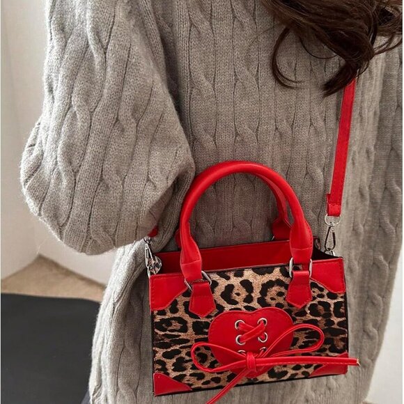 Women's Leopard Print Top Handle Satchel Clutch Purse Bowknot Cheetah Square Han - Picture 3 of 6